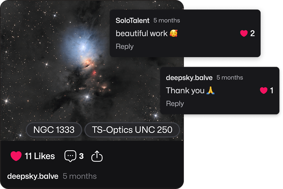 Ouranos community post with a deep-sky photo, equipment tags, likes and comments