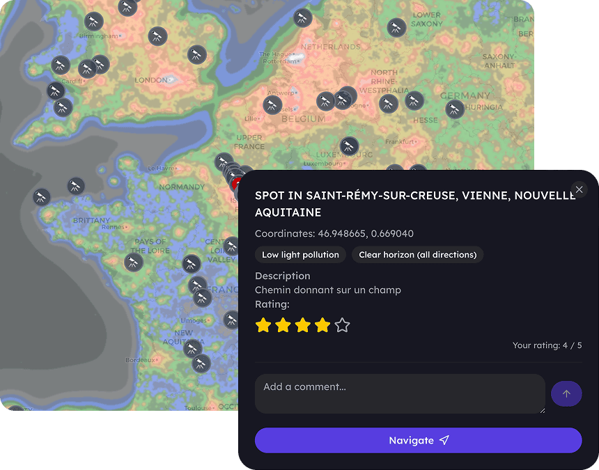Ouranos light pollution map with dark sky spots and a spot detail panel showing light pollution and horizon tags